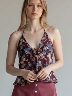 Assorted Brands Maroon Floral Halter Tank Top Size Medium Blue White